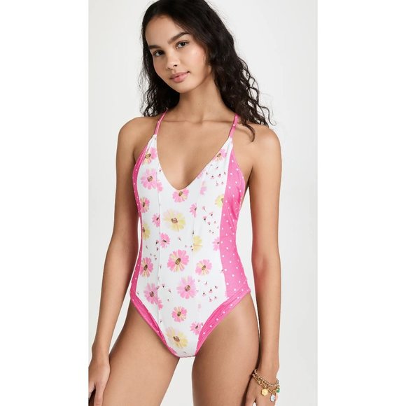 LoveShackFancy NWT Shailee One Piece Swimsuit in Bright Peony Multi size Large - Picture 1 of 10